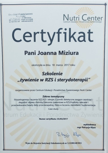 dietetyk Kraków, certyfikaty, żywienie w RZS i sterydoterapii